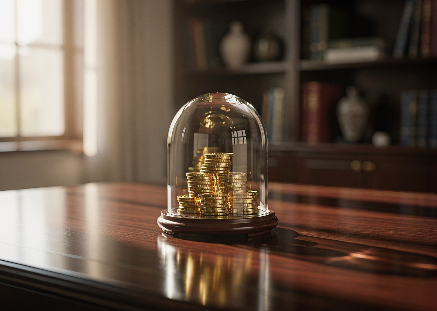 A polished wooden executive desk with a glass display of gold coins