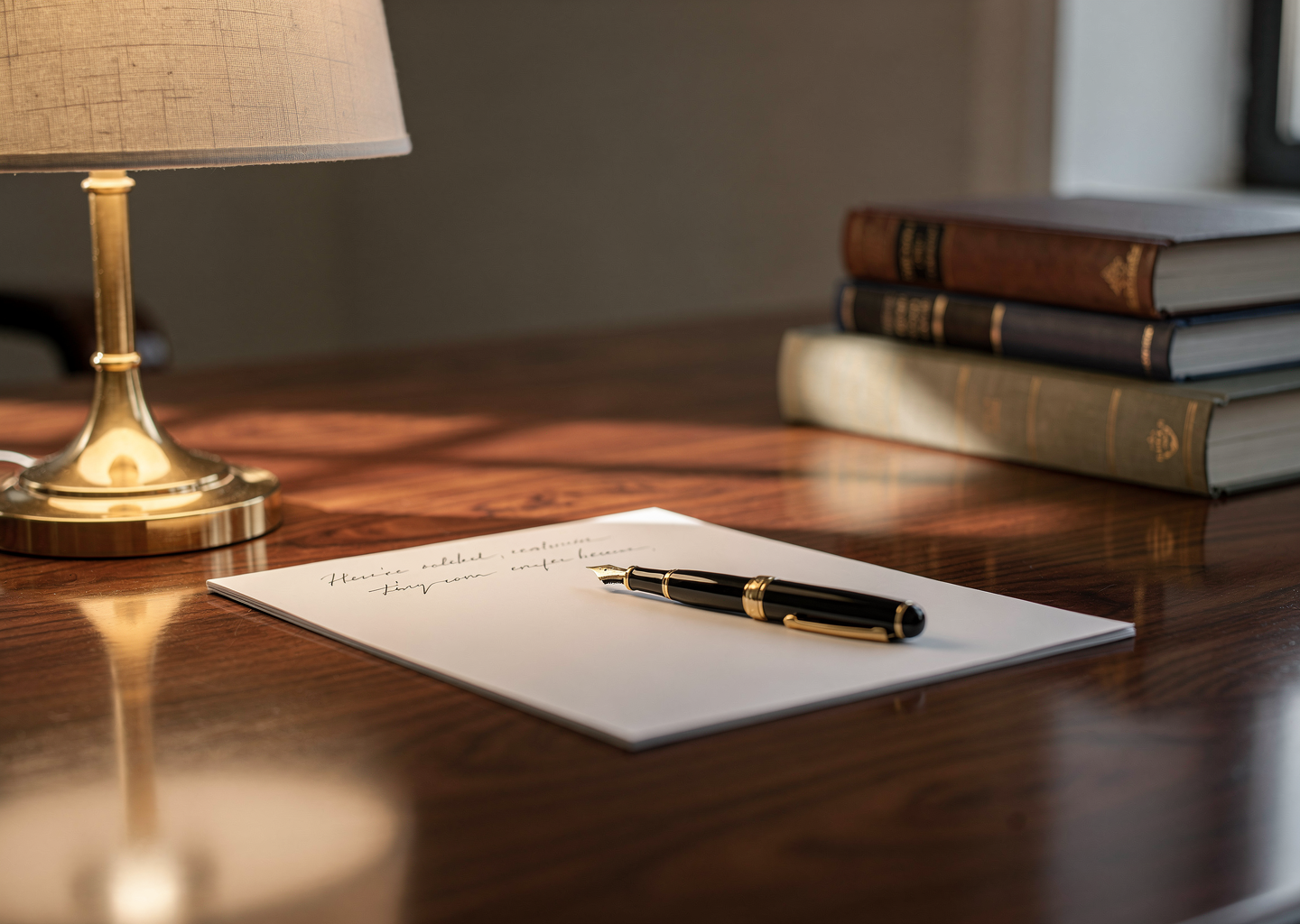 An executive desk with fountain pen, notepad, and brass lamp in afternoon light