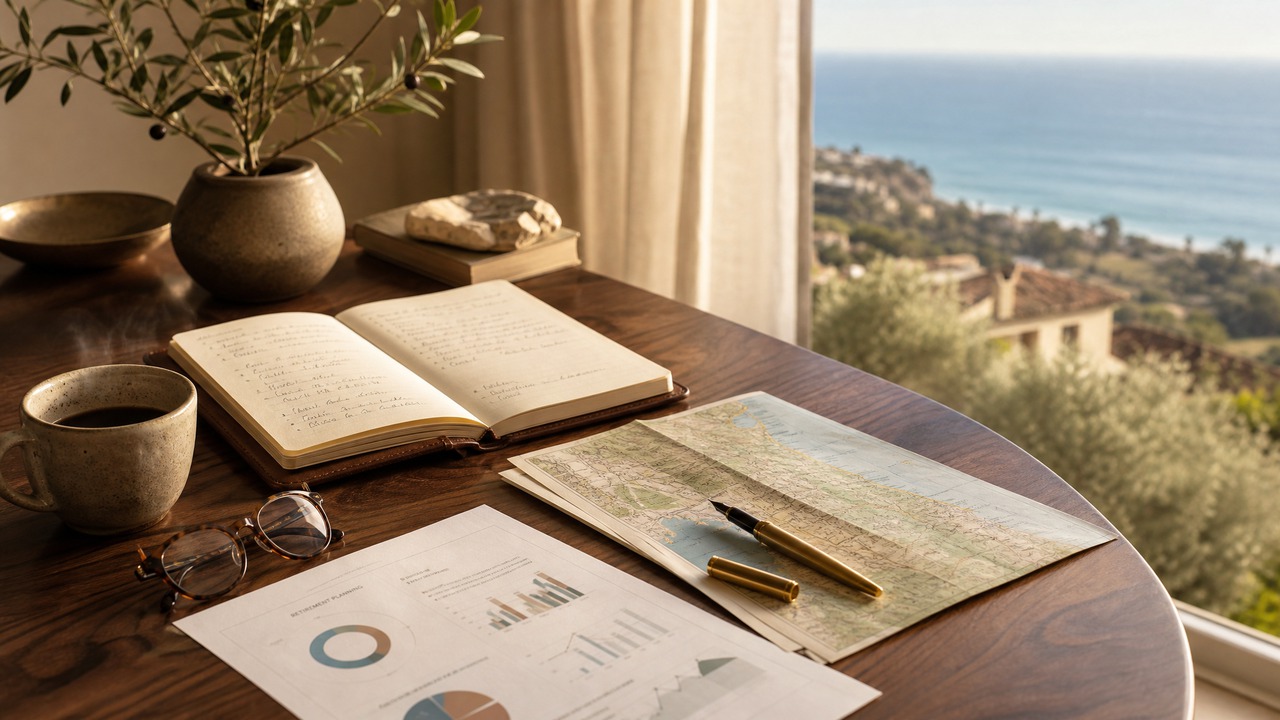 A polished walnut table at a coastal California home with retirement planning notes, ceramic coffee cup, and tortoiseshell reading glasses. Mediterranean coastline visible through linen curtains.