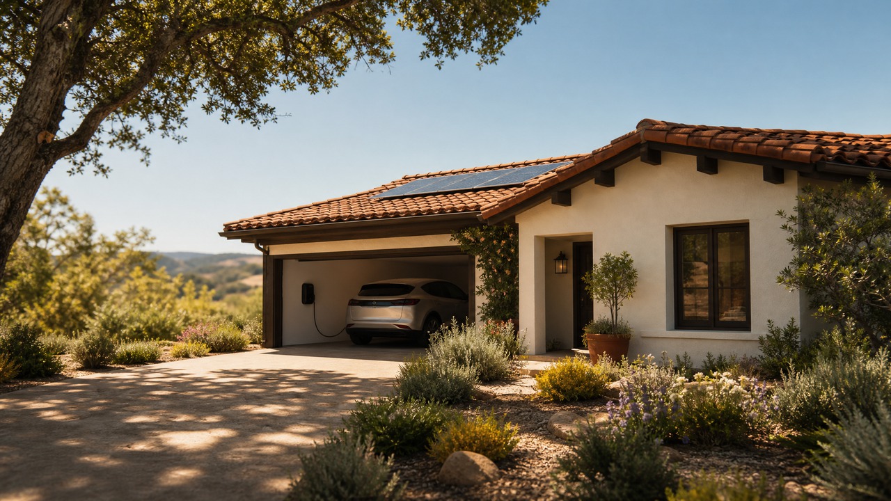 A modest California stucco home with terra-cotta roof, mature California oak shading the driveway, drought-tolerant native landscaping, and an EV plugged into a wall charger inside the open garage. Solar panels on the roof.