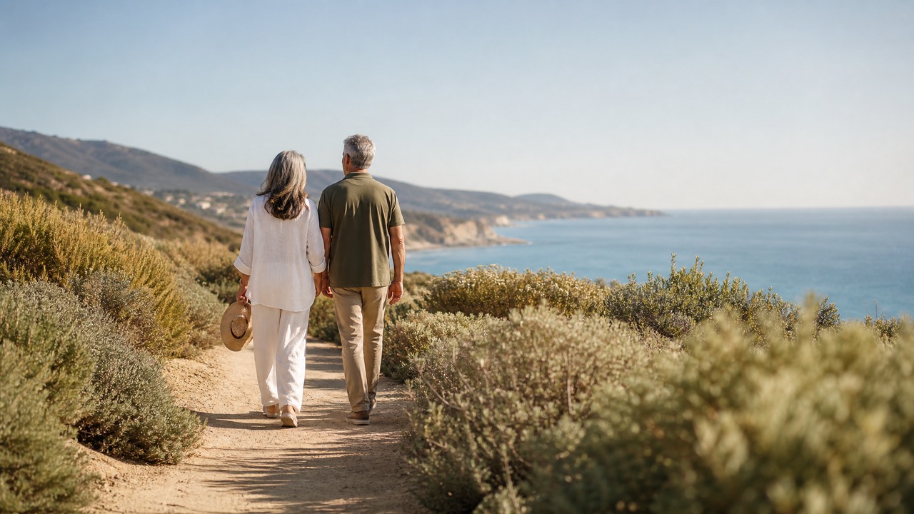 A couple in their early sixties walking on a California coastal trail, viewed from behind. The woman in white linen with a straw sun hat held in her hand, the man in muted olive polo and chinos. Sage native plants line the trail, the Pacific visible in the distance.