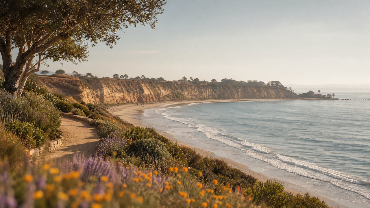 A Mediterranean California coastline at mid-morning — olive trees on the bluff, California poppies and sage in the foreground, distant amber-cliffed coastline, Pacific waves on a sandy crescent beach.