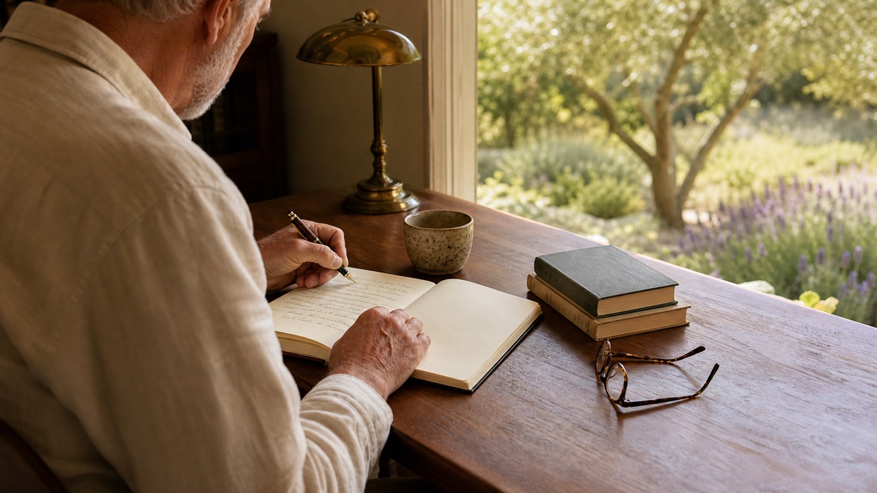 An adult in their early sixties at a walnut writing desk overlooking a California backyard with olive trees and morning light. Leather notebook open, fountain pen in hand, ceramic tea cup, stack of hardcover books.
