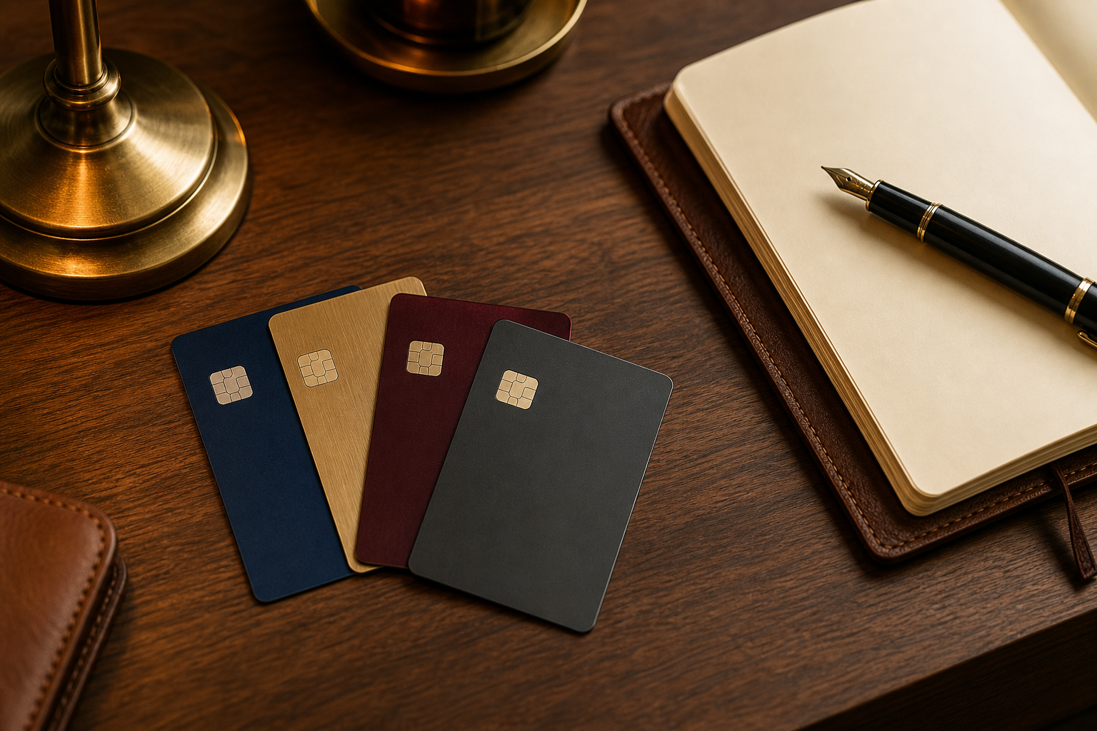 Fan of premium credit cards on walnut desk with brass lamp and leather notebook