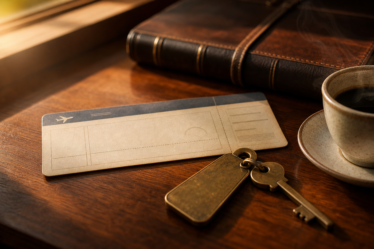 Vintage airline boarding pass and a brass hotel room key on a polished walnut desk