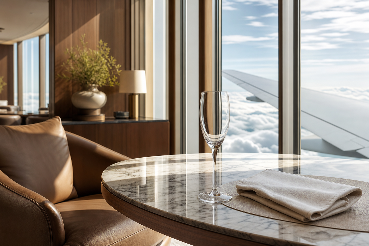 Empty premium first-class lounge interior with marble dining table and champagne flute