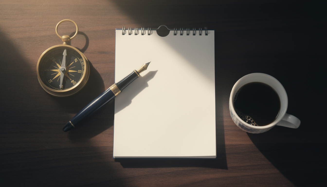 A brass compass and desk calendar with a fountain pen on a walnut desk in morning light