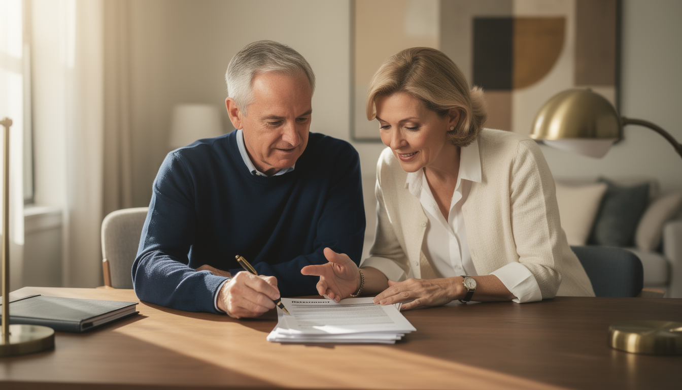 Two people in their early sixties reviewing retirement paperwork together at a wooden desk
